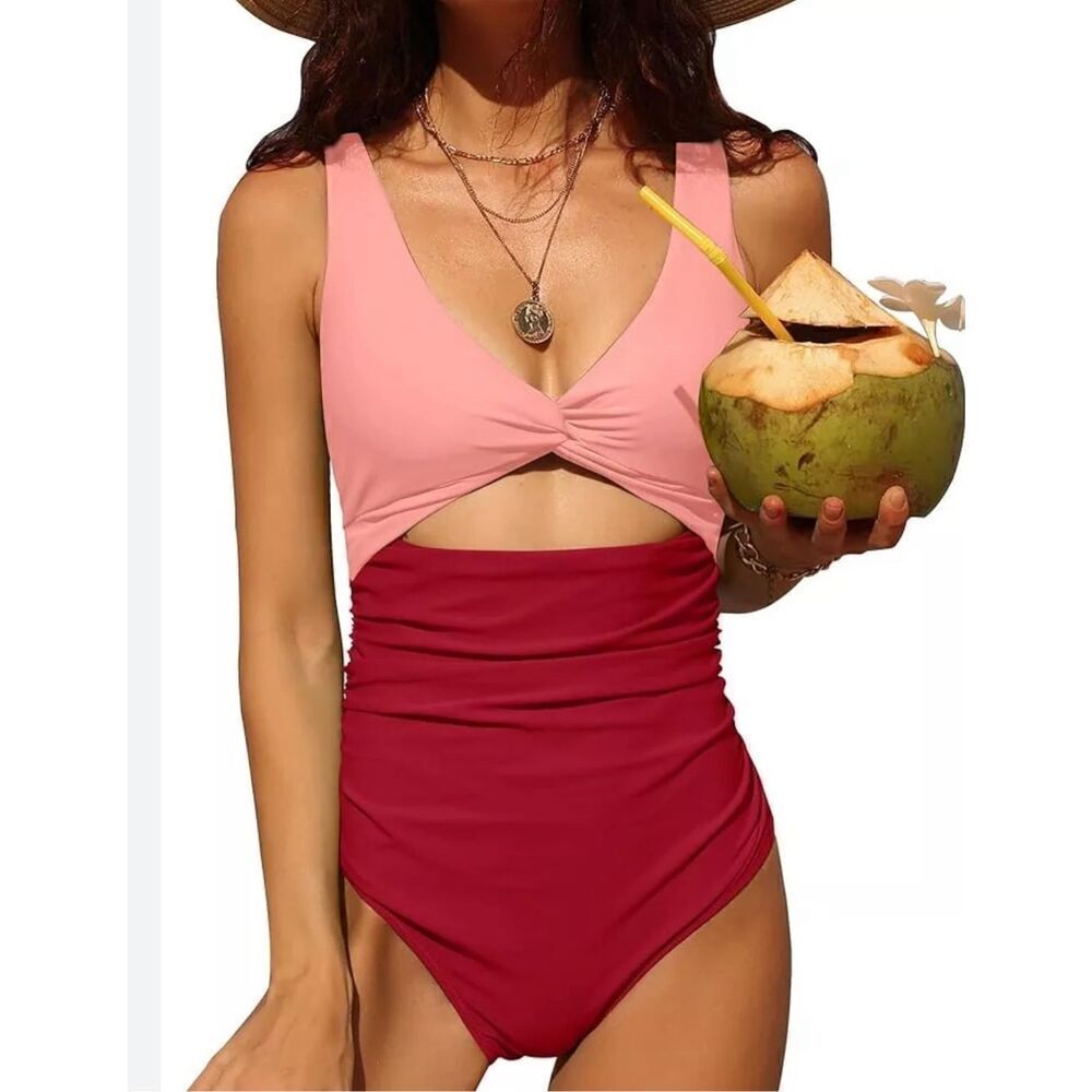 Charmo Womens V Neck One Piece Swimsuit High Cut Backless Cut Out Bathing Suits